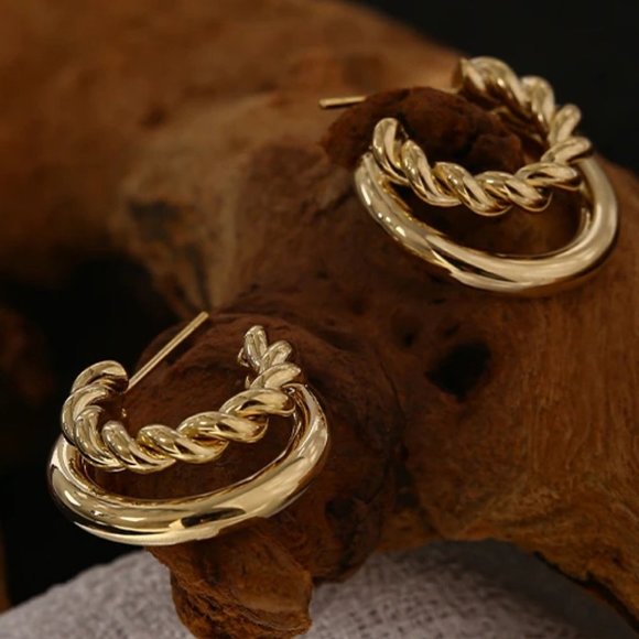 New 18K Gold Plated Double Layer Braided Hoop Earrings - Picture 1 of 4